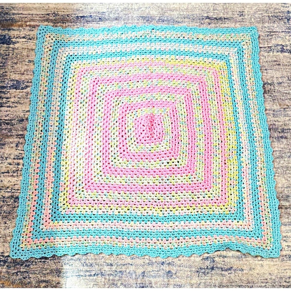 Crocheted Homemade Baby Blanket Square 42x42 Blue Pink Yellow Green Grannycore